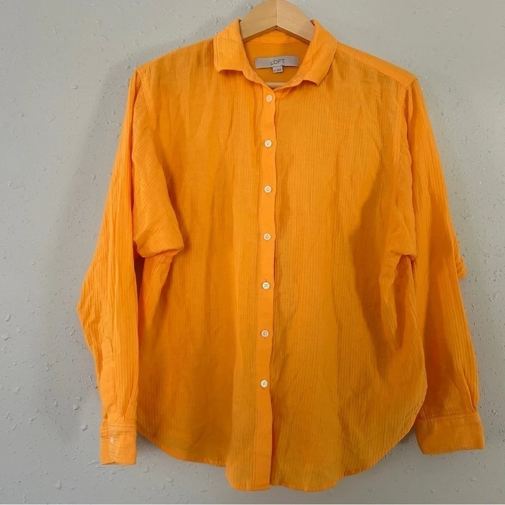 LOFT Orange Button Down Blouse Casual Fall Comfy XS